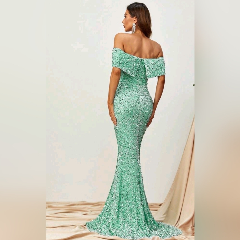 Luxe Sequin Velvet Off Shoulder Dress Mermaid Maxi Light Green - Picture 4 of 9